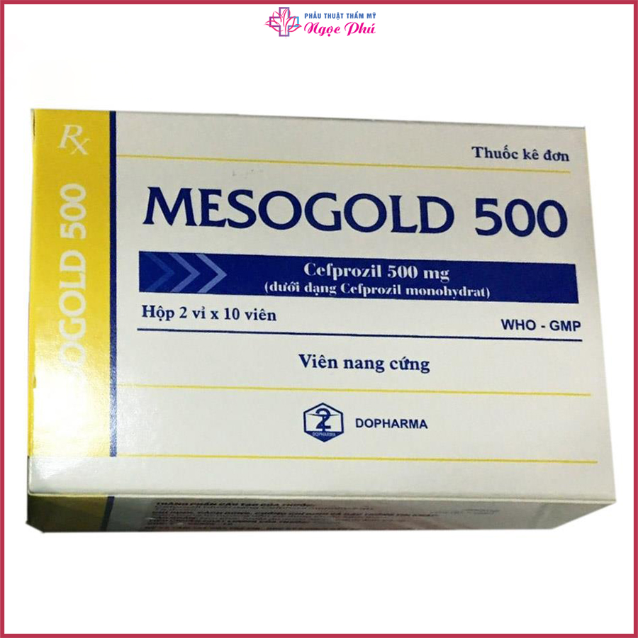 Thành phần chính của thuốc Mesogold là Cefprozil 500mg, dạng viên nang cứng, một hộp bao gồm 2 vỉ, mỗi vỉ 10 viên. 
